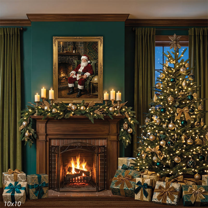 Teal Hearth teal living room fireplace Santa portrait Christmas tree backdrop CP-8902