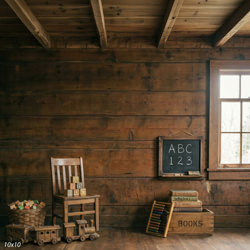 Spelling Bee brown plank schoolroom chalkboard and vintage toys wide scene backdrop CP-8974