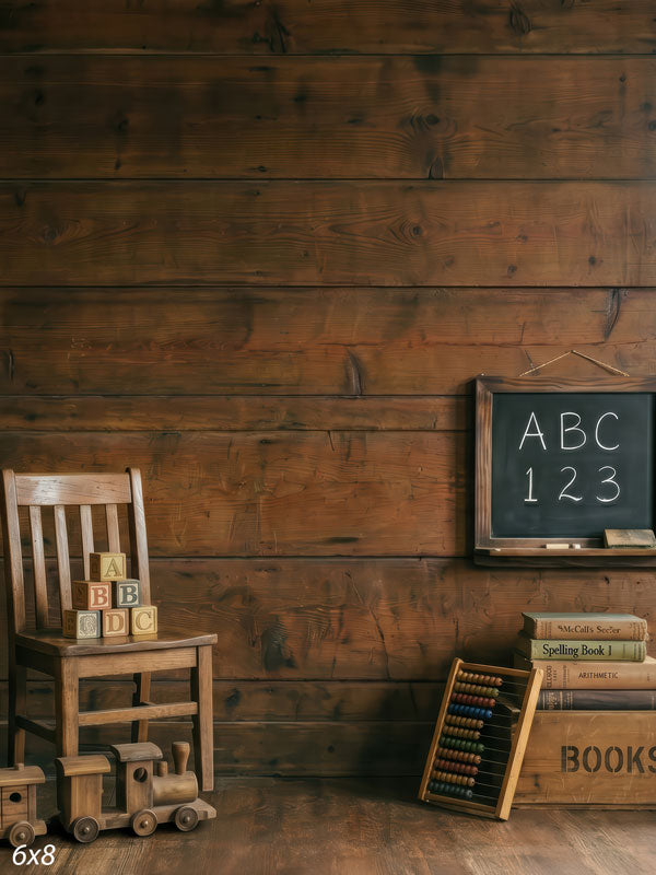 Spelling Bee rustic wood classroom with chalkboard and blocks photography backdrop CP-8974