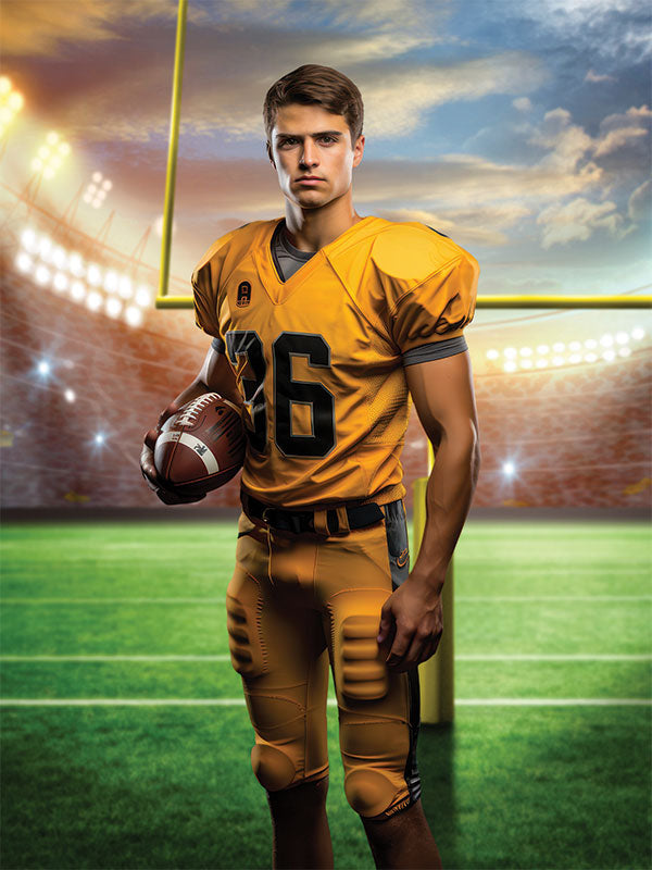 Sports stadium goalpost backdrop with vivid green turf and glowing stadium lights, creating a high-energy setting for portraits.