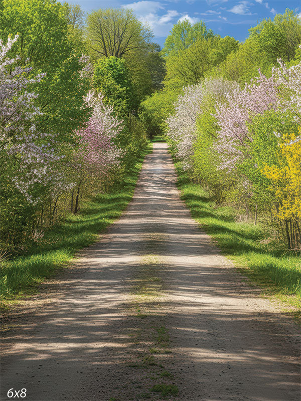 A scenic studio background showing a dirt road lined with blooming pink and yellow trees under a blue sky.