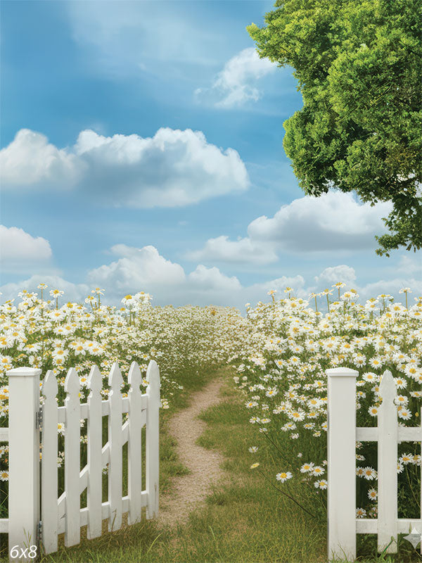 A classic white picket fence with an open gate invites viewers into a sun-drenched meadow filled with white daisies.