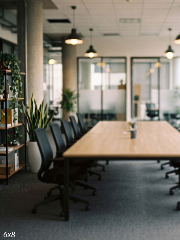 Modern open-plan office conference room with a long wood table, black chairs, and glass meeting rooms, a corporate photography backdrop.