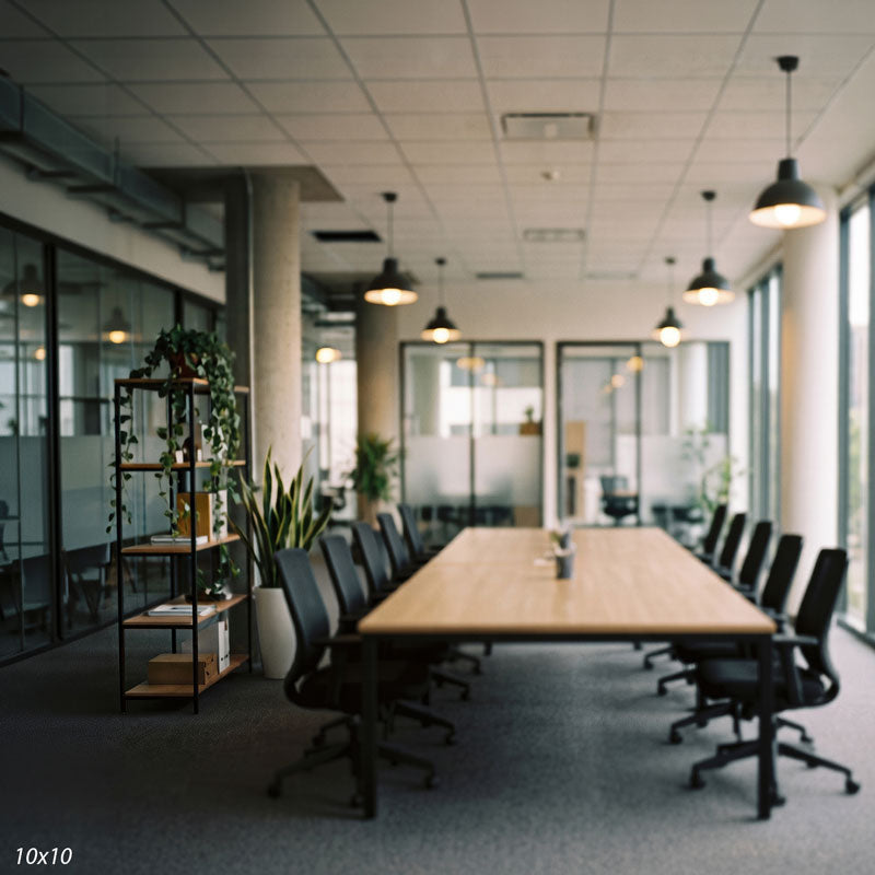 Wider view of the same conference room showing the plant-filled shelf, concrete pillar, and bright side windows, a corporate photography backdrop.