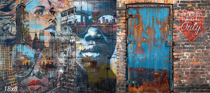 Street Art Warehouse Wall and Door Photography Backdrop - Vibrant street art wall with a graffiti-covered surface and a rustic blue metal door against a textured brick wall, ideal for photography.