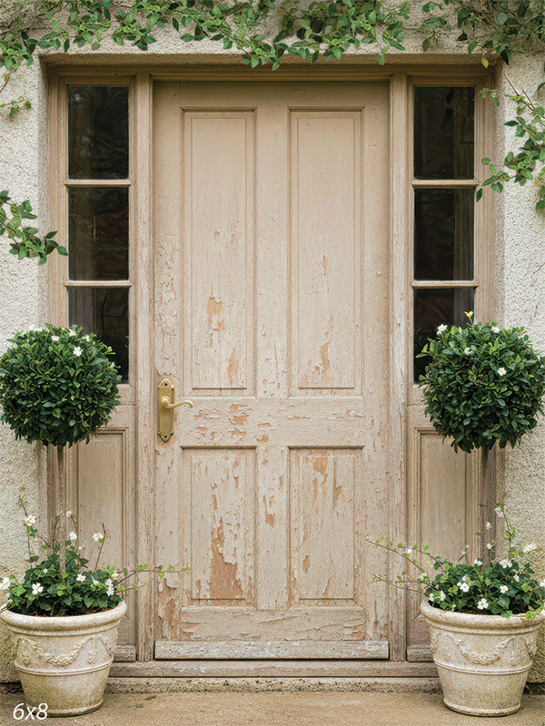 A photography backdrop showing a weathered beige cottage door with side windows, climbing green vines, and two topiary plants in stone planters. The design presents a garden-style studio background.