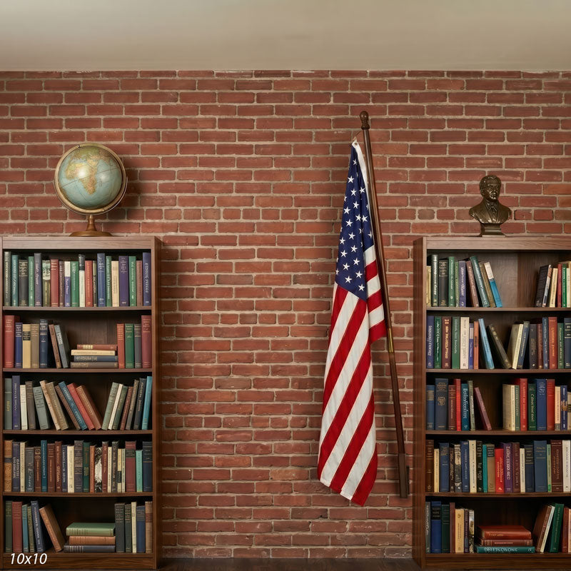 Study Hall academic brick wall bookshelves flag and globe wide scene backdrop CP-9030