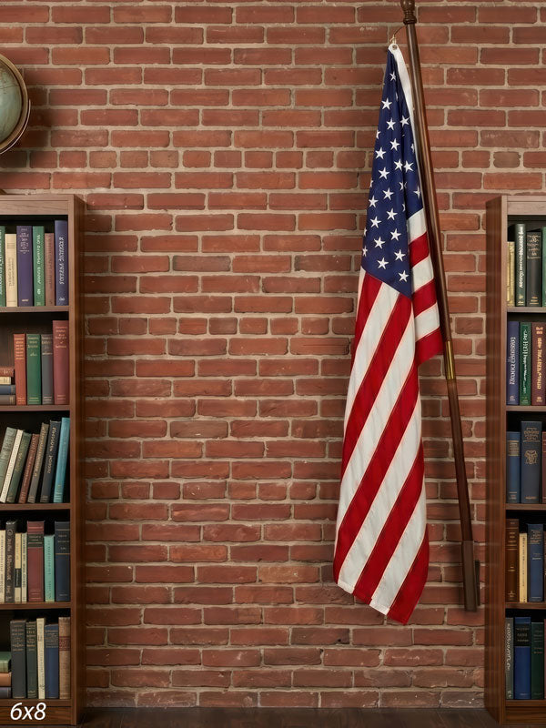 Study Hall brick schoolroom wall with american flag photography backdrop CP-9030