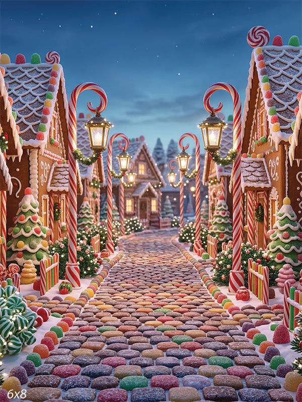Sugar Lane lit gingerbread village candy street Christmas backdrop CP-8896