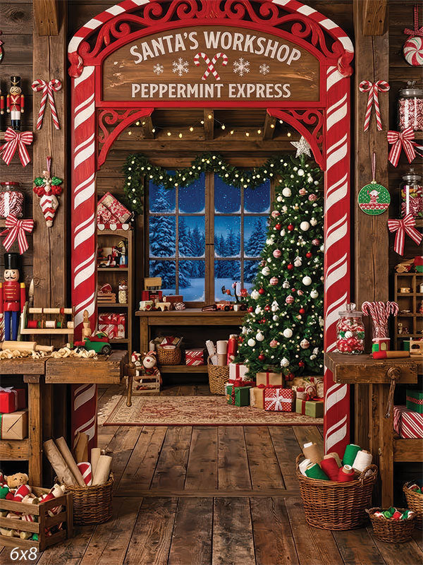 Santa workshop candy cane arch Peppermint Express sign Christmas tree backdrop CP-8910