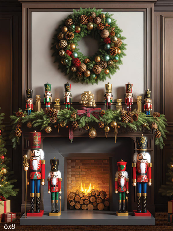 Sugarplum Hearth dark wood mantel fireplace nutcracker soldiers backdrop CP-8926