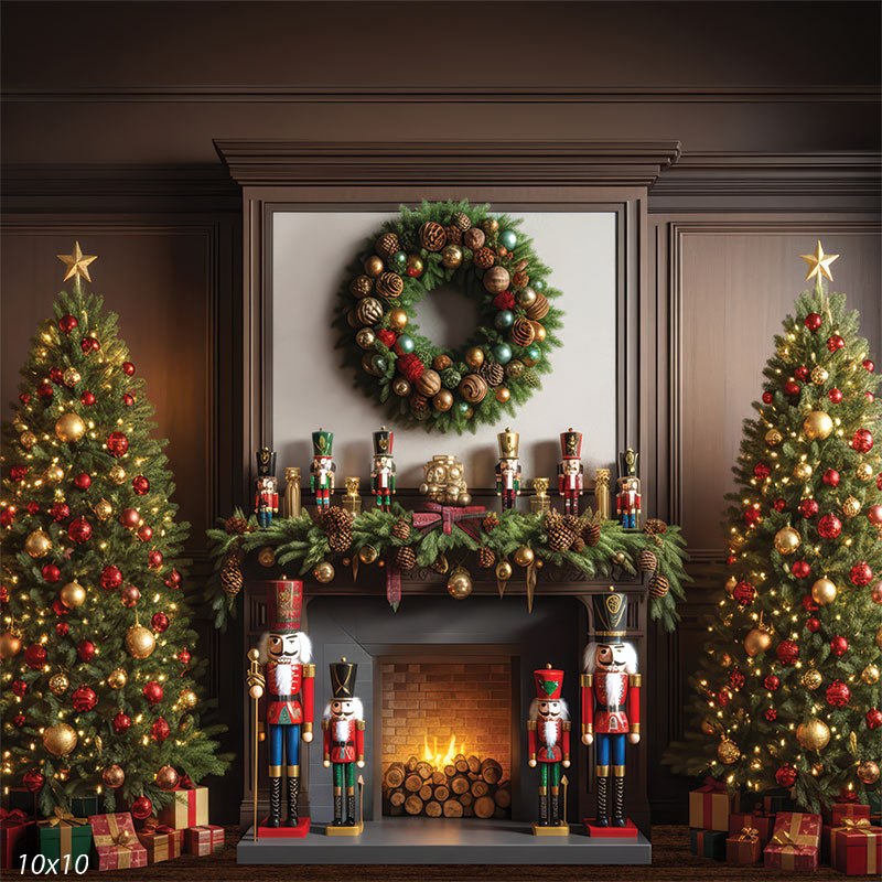 Sugarplum Hearth nutcracker fireplace with decorated Christmas trees and dark mantel backdrop CP-8926