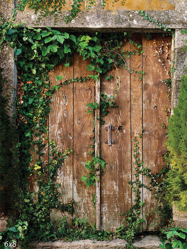 Summer Cottage Door Photography Backdrop - Aged wooden door covered with lush ivy, set against a stone frame, ideal for rustic and nature-themed photography.