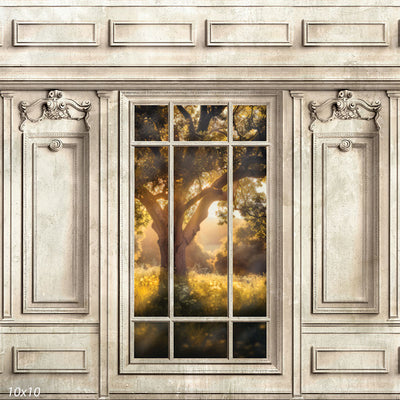 A vintage-inspired room backdrop featuring elegant wood paneling and a large multi-pane window with a stunning sunlit meadow and tree view, ideal for sophisticated photography setups.