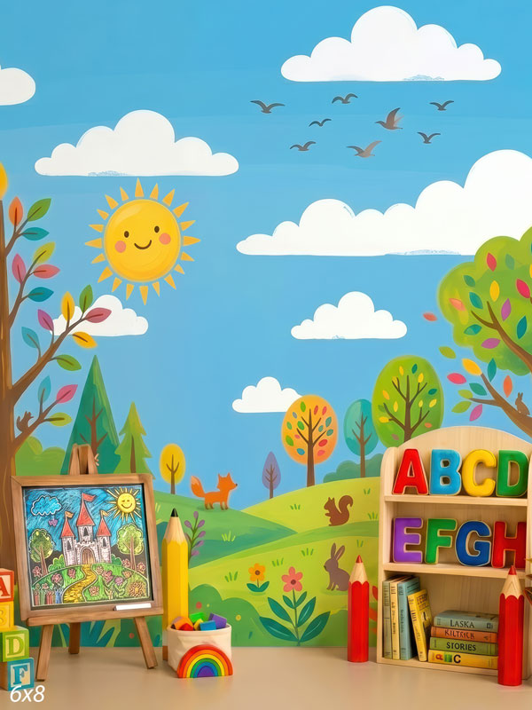 Sunny Schoolyard cheerful cartoon schoolyard mural photography backdrop CP-8968