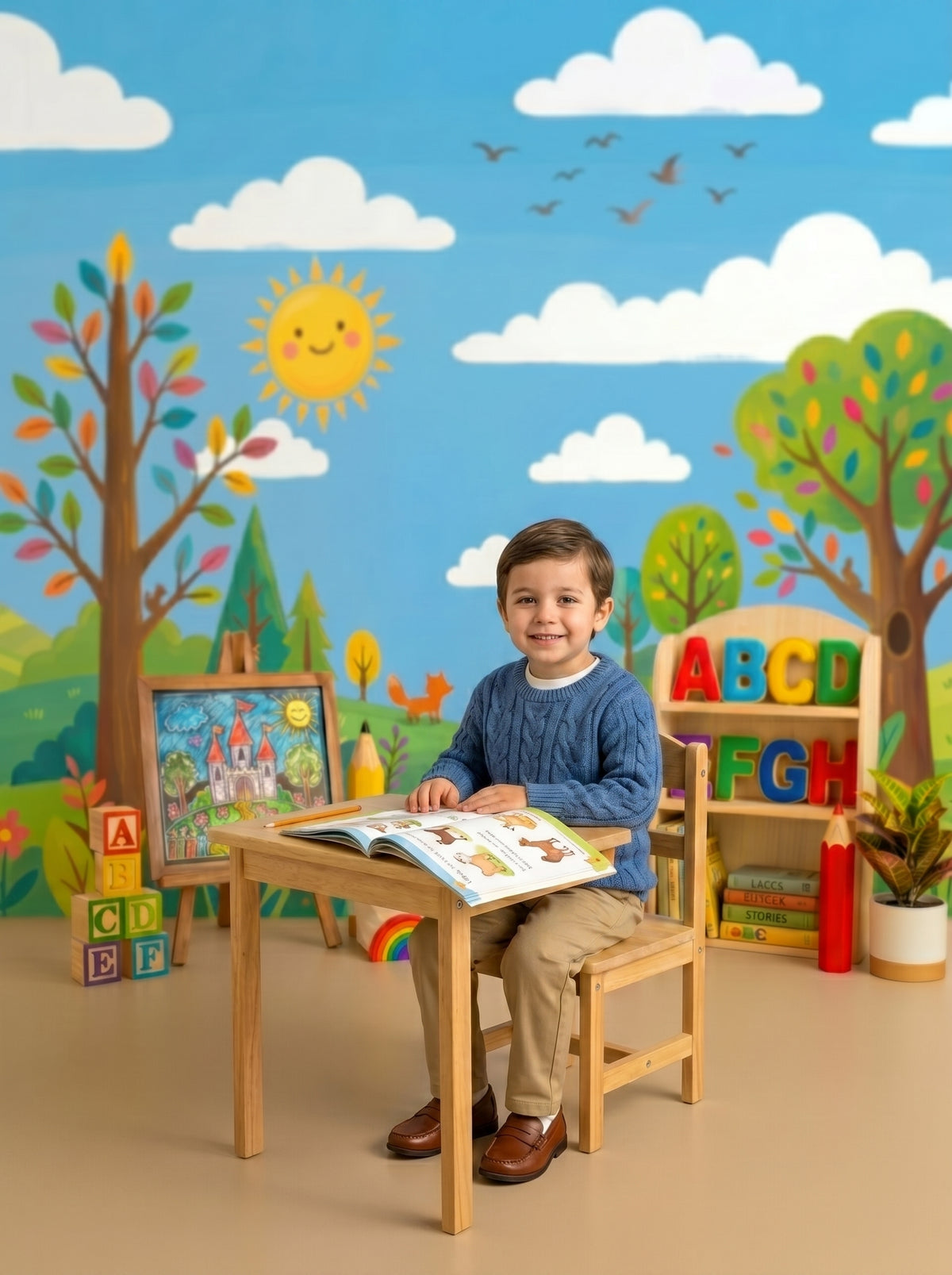 Sunny Schoolyard cartoon schoolyard mural photography backdrop with a smiling sun, hills and ABC props, shown in a styled studio setup with a young boy seated at a desk reading a picture book CP-8968