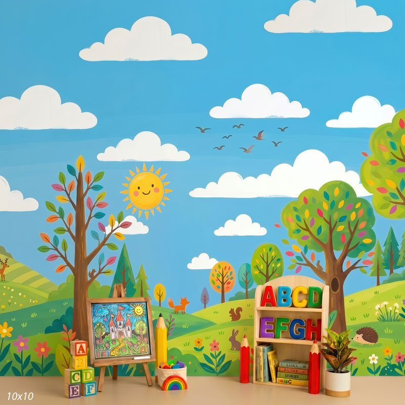 Sunny Schoolyard illustrated schoolyard with sun hills and ABC props wide scene backdrop CP-8968