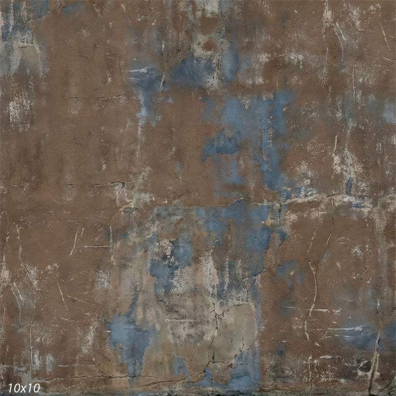 This studio background features an abstract plaster wall with warm brown tones, muted blue patches, and a matte, distressed surface appearance.