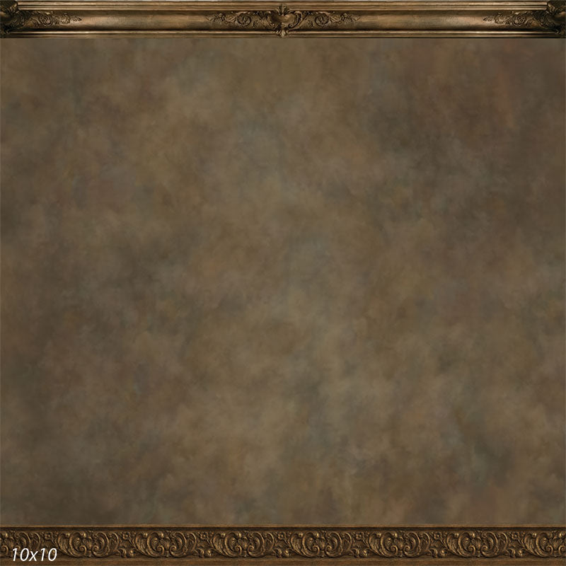 Studio background featuring a warm beige textured wall with framed border details for portrait photography with a subject positioned in front.