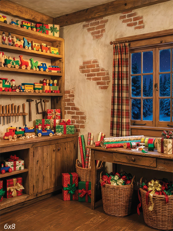 Timber Noel rustic Santa's workshop wooden toy shelves exposed brick wall gift baskets Christmas backdrop CP-8917