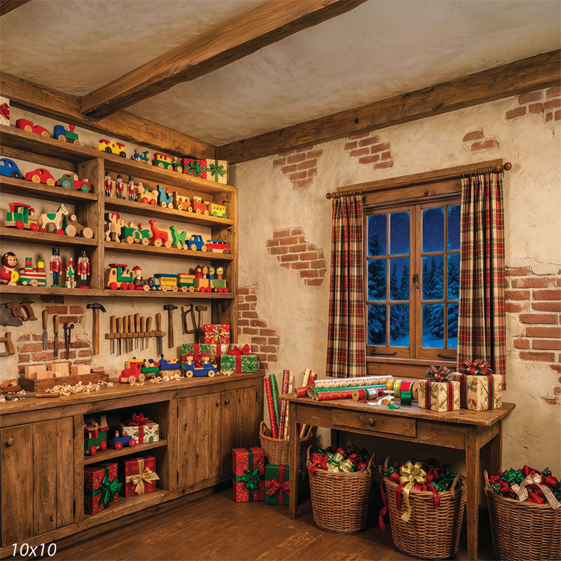 Timber Noel rustic toy workshop handcrafted wooden toys brick wall wicker baskets holiday portrait backdrop CP-8917