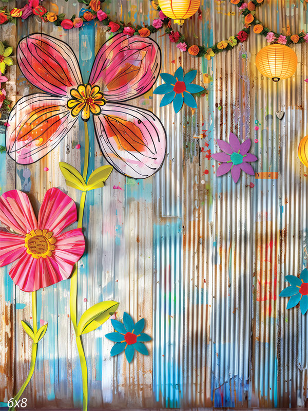 Tin Flowers Wall Photography Backdrop - Hand-painted flowers on a corrugated tin wall with colorful paper lanterns and garlands, ideal for festive and playful photography backdrops.