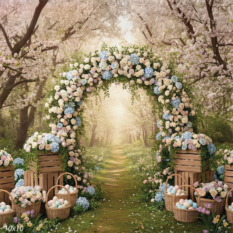 A photography backdrop depicting a spring woodland scene with a flower arch and pastel eggs. The path leads into sunlit trees.