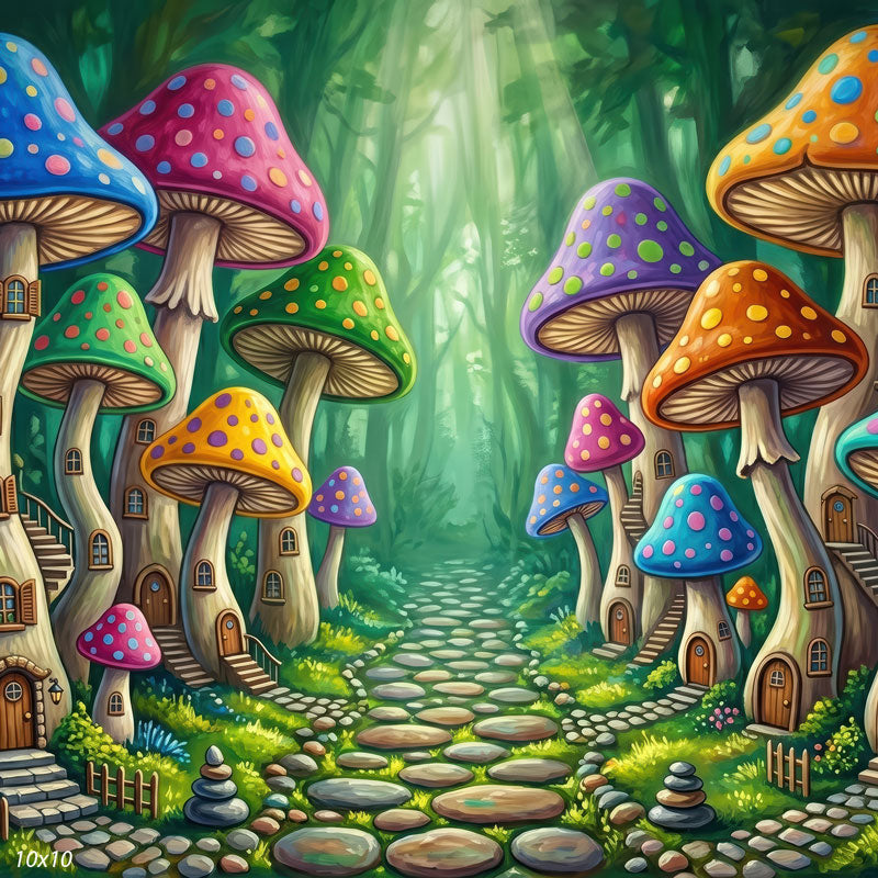 Toadstool Hollow colorful toadstool houses and cobblestone path wide scene backdrop CP-8975
