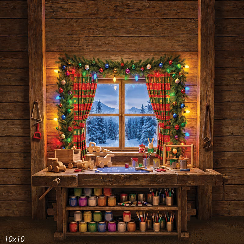 Toy Maker Santas workshop craft table with paint cans and mountain view wide scene backdrop CP-8943