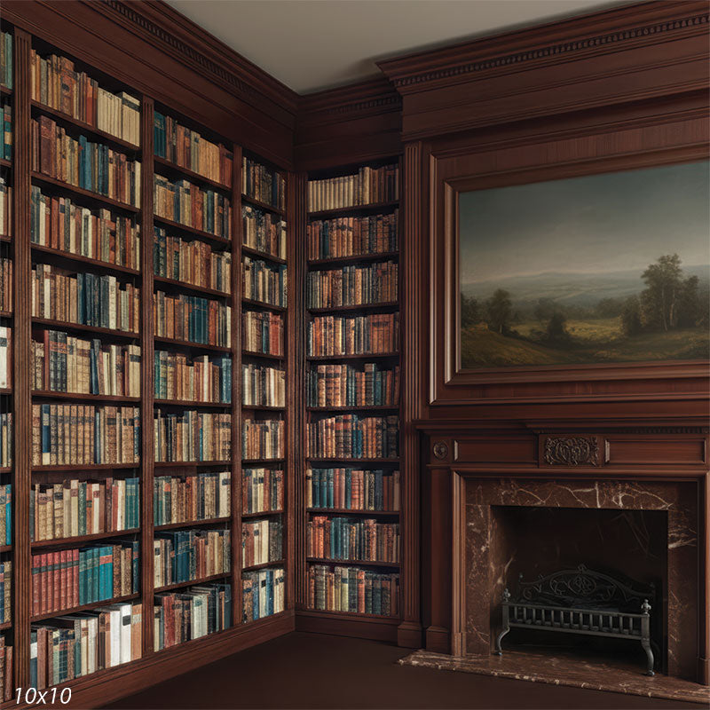 Printed studio background featuring floor-to-ceiling bookshelves, rich brown architectural trim, and a fireplace with framed artwork above. The scene creates an indoor library setting behind a subject.