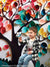 Smiling child in plaid shirt with spider tee seated in front of vibrant butterfly and rainbow leaf tree.