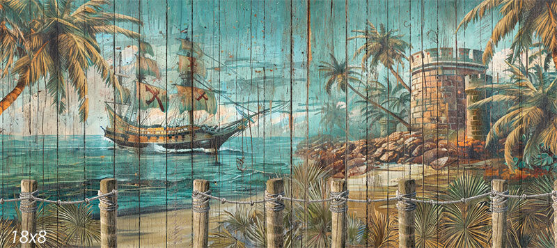 "Tropical Sailing Ship and Beach Scene Wooden Mural Backdrop - A colorful mural painted on a wooden surface, depicting a tropical beach scene with a sailing ship, palm trees, and a stone watchtower, creating a vibrant and rustic coastal atmosphere.  "