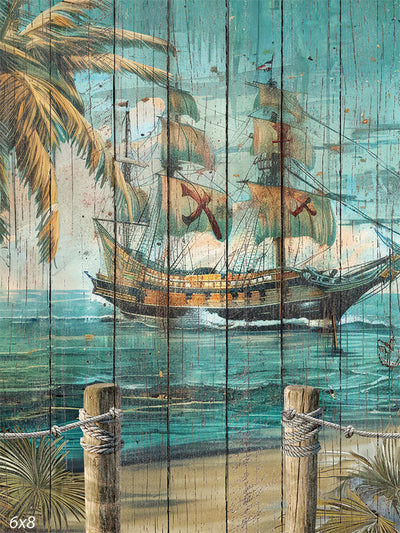 Tropical Sailing Ship and Palm Tree Wooden Mural Backdrop - A detailed mural painted on a wooden surface, depicting a grand sailing ship with red "X" marked sails navigating calm blue waters, a swaying palm tree, and wooden posts with ropes in the foreground, evoking a nautical and tropical atmosphere.