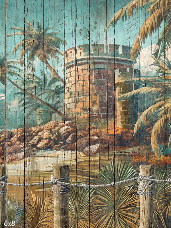 Tropical Watchtower and Beach Scene Wooden Mural Backdrop - A vibrant mural painted on a wooden surface, depicting a tropical beach scene with a stone watchtower, palm trees, lush plants, and a rustic wooden fence, evoking a serene coastal atmosphere.