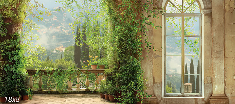 Tuscan Garden View Photography Backdrop - Photography backdrop featuring a lush garden with a view of rolling hills and distant villas, framed by classic architecture.