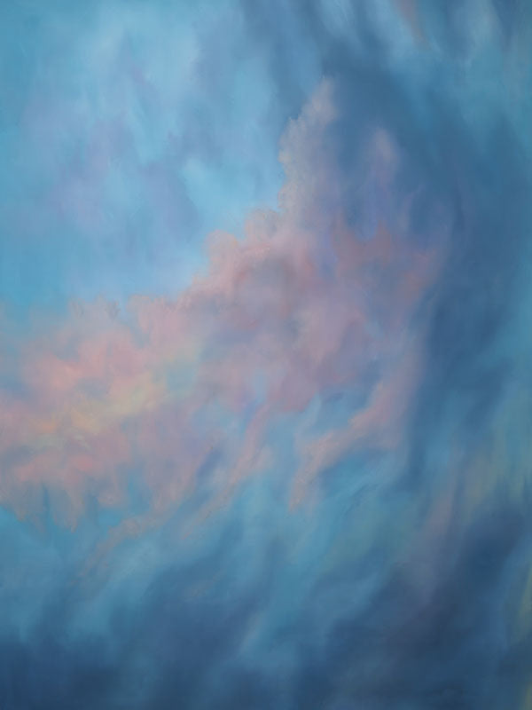 Hand-painted abstract backdrop in soft blue and pastel tones, ideal for portrait and editorial photography sessions.