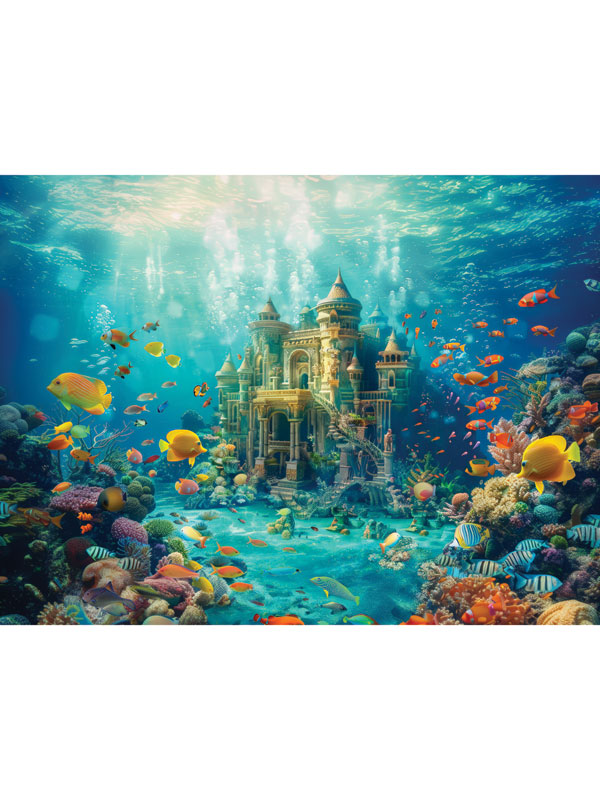 Underwater Fantasy Castle Photography Backdrop - Underwater photography backdrop featuring a majestic castle surrounded by colorful coral reefs and fish, perfect for children’s cake smash sessions.