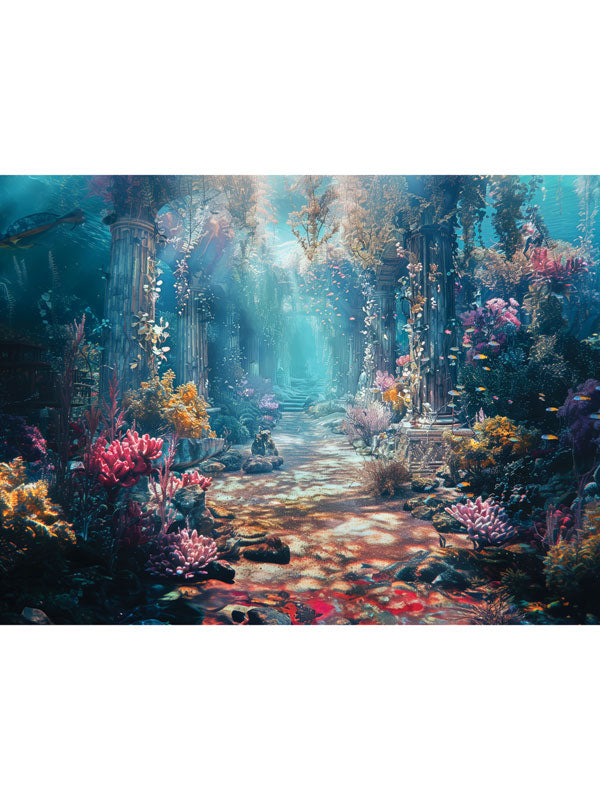 Underwater Ruins Fantasy Photography Backdrop - Photography backdrop of underwater ruins and vibrant coral reefs, perfect for children’s cake smash and themed photoshoots.