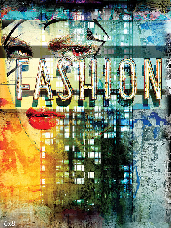 Urban Fashion Photography Backdrop - Photography backdrop featuring a vibrant collage of bold colors, cityscapes, and abstract elements with the word "FASHION" prominently displayed.