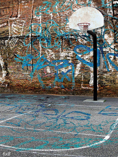 Urban Graffiti Basketball Court Photography Backdrop - Graffiti basketball court photography backdrop with a rustic hoop, perfect for urban-themed photoshoots.