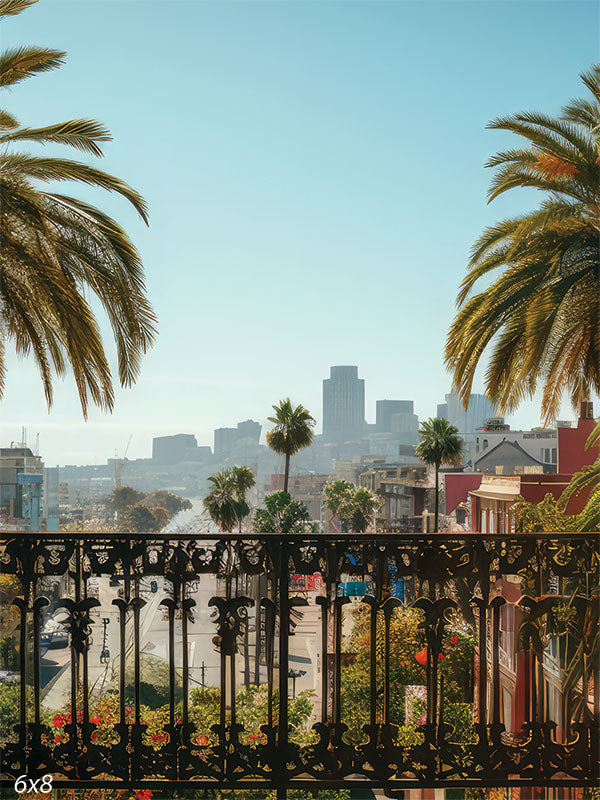 Urban Palm View Photography Backdrop - A cityscape with palm trees framing the view, used as a photography backdrop for urban-themed shoots.