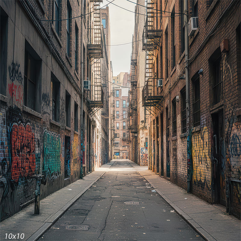 Printed studio background featuring a city alley lined with brick buildings, graffiti, doors and windows, and repeating fire escapes above. The scene forms a centered vanishing point behind a subject.