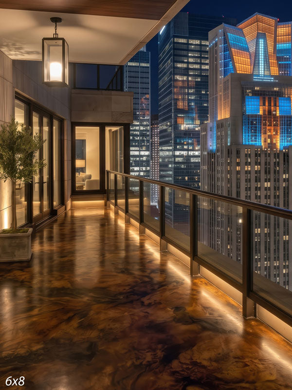 Glossy penthouse balcony at night with a glass railing and warm lighting receding toward a lit city skyline, a city view photography backdrop.