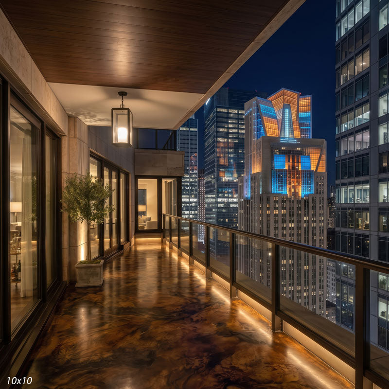 Wider view of the penthouse balcony showing more lit interior rooms and a broader sweep of the night skyline, a city view photography backdrop.