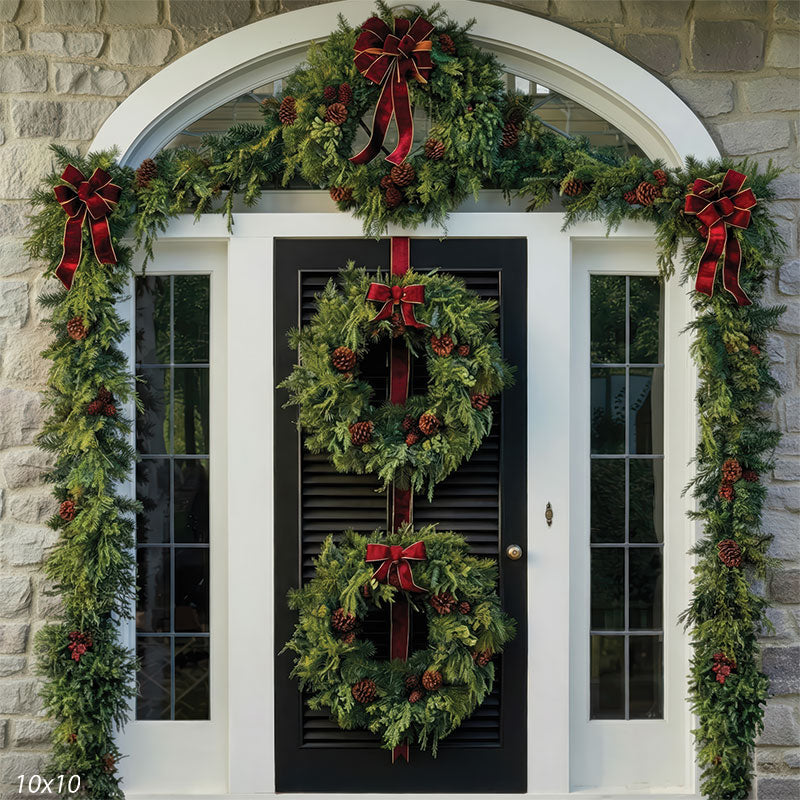 Velvet Cedar black door with stacked greenery wreaths garland arch and white siding backdrop CP-8932