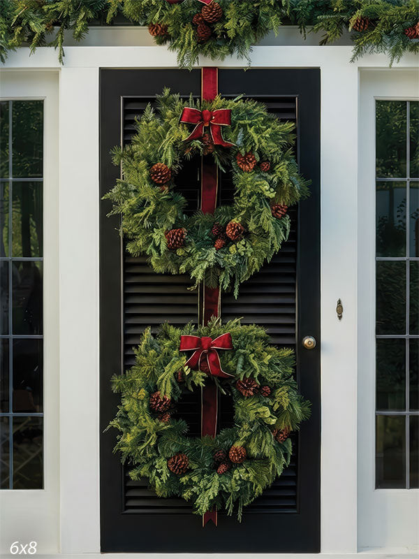 Velvet Cedar black front door double stacked natural wreaths red velvet bows backdrop CP-8932