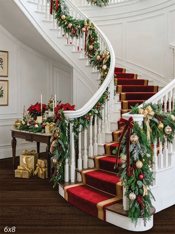 Bright white staircase red bows Christmas garland holiday backdrop CP-8905