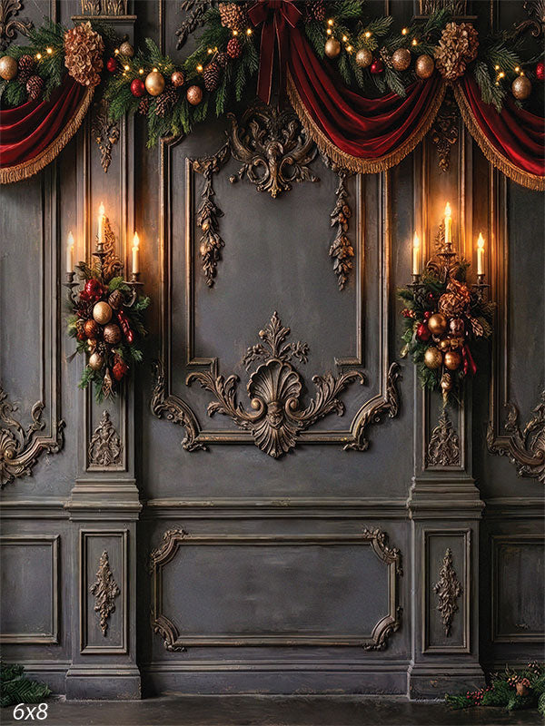 Baroque charcoal wall candelabras gold Christmas garland backdrop CP-8899