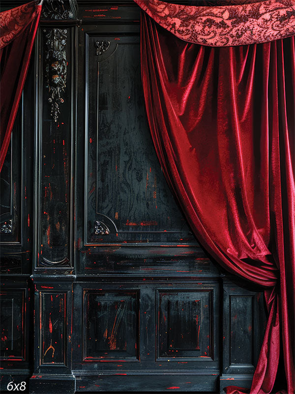 Velvet and Wood Gothic Photography Backdrop - Rich crimson velvet curtains and distressed black wood paneling create a dramatic, gothic-inspired photography backdrop.