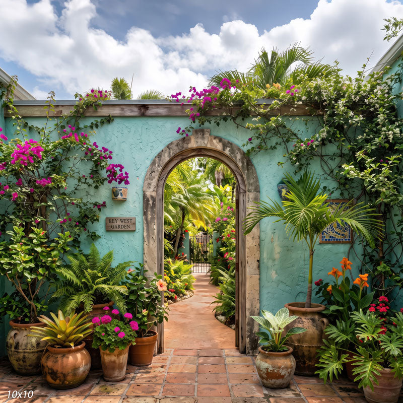 Wider view of the tropical courtyard showing blue sky above the turquoise wall and more bougainvillea and potted plants framing the archway, a scenic photography backdrop.